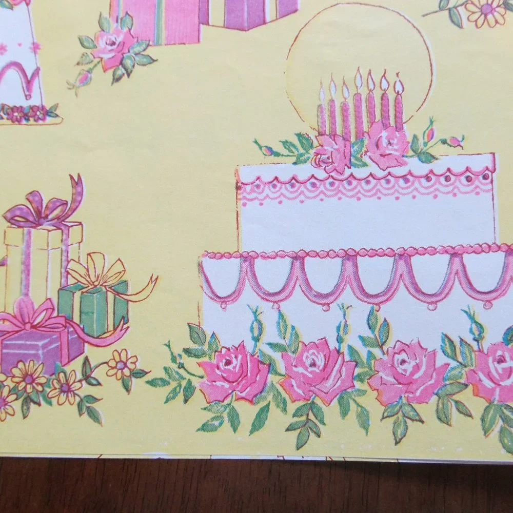 Vintage Gift Wrap Paper Celebration Wedding ~ Cakes, Candles & Presents 2 Sheets